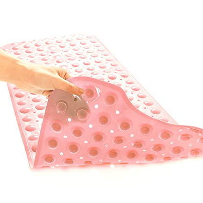 TEESHLY Bath Tub and Shower Mats, Non-Slip 39 x 16 Inch Extra Long Bathtub Mat, Machine Washable BathMat with Drain Holes, Suction Cups for Bathroom (Opaque Pink) - color: Opaque Pink