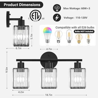 3 Light Bathroom Light Fixtures, Modern Crystal Vanity Lights over Mirror | Metal Frame, Bathroom Light with Square Crystal Shade, ETL Certified, E26 Ceramic Socket, Bulbs Not Included - color: Black, size: 3-Light