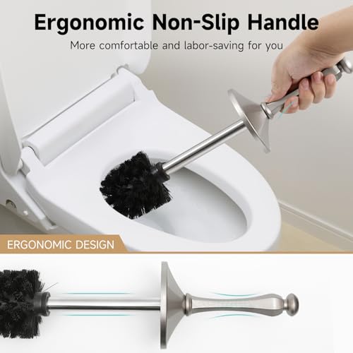 Stain Nickel Toilet Brush and Holder，Extra Long Handled Toilet Brush for Bathroom，Stainless Steel Heavy Duty Toilet Bowl Brush,Deep Cleaning Modern Toilet Cleaner Brush -Space Saving, Covered Brush - color: Stain Nickel