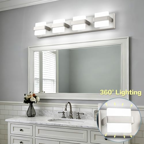 SOLFART Brushed-Nickel Bathroom Light Fixtures, 4 Lights Bathroom Vanity Light LED Vanity Lights Brushed-Nickel Vanity Lighting, Dimmable - color: Upgraded Brushed Nickel-6000K,100%-0% Dimmble Brightness, size: 4- Light,27Inch