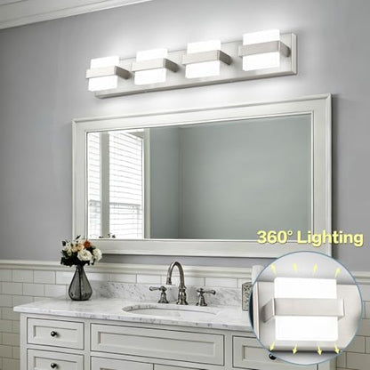 SOLFART Brushed-Nickel Bathroom Light Fixtures, 4 Lights Bathroom Vanity Light LED Vanity Lights Brushed-Nickel Vanity Lighting, Dimmable - color: Upgraded Brushed Nickel-6000K,100%-0% Dimmble Brightness, size: 4- Light,27Inch