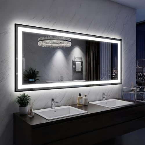 Antok 60X30 LED Bathroom Mirror with Lights, Vanity Mirror for Wall with Black Frame, Touch Control, Anti-Fog, Dimmable Lights, Shatter-Proof, Memory Function, Wall-Mounted Vanity Mirrors - size: 60"L x 30"W