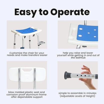 Shower Chair for Inside Shower With Soap box - Height Adjustable Shower Chair for Elderly and Disabled with Removeable Back & Enhanced Non-Slip Feet - Lightweight Aluminum Construction - Blue