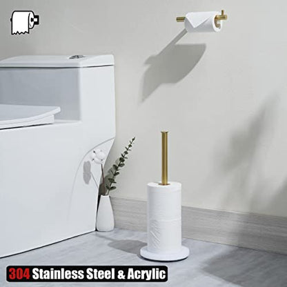 JQK Toilet Paper Storage Stand White Gold, 304 Stainless Steel Tissue Reserve Holder Dispenser for Bathroom, Brushed Gold, TPS180-WG - color: Gold & White Base