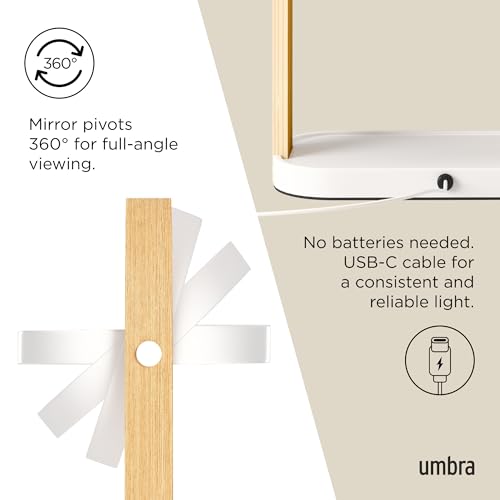 Umbra Bellwood Vanity Mirror, LED Double-Sided Magnifying, White/Natural | Glass frame, three light temperatures, touch sensor dimming, integrated storage tray, USB-C powered