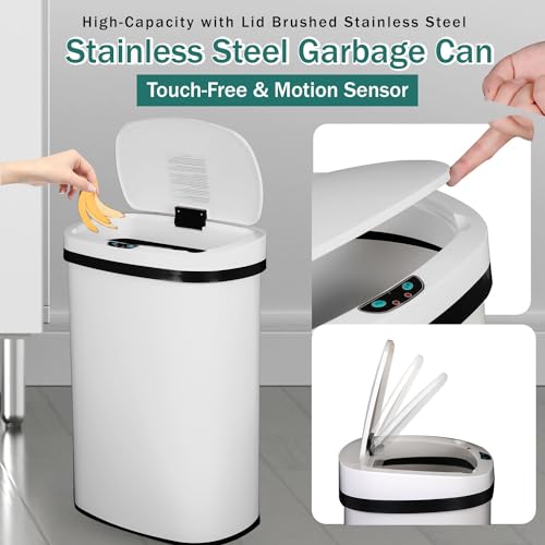 PayLessHere Kitchen Trash Can Automatic Trash Can with Lid 50 Liter 13 Gallon Touch Free High-Capacity Brushed Stainless Steel Waste Bin for Bathroom Bedroom Home Office (White) - color: White