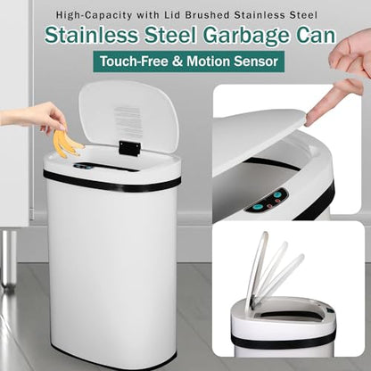PayLessHere Kitchen Trash Can Automatic Trash Can with Lid 50 Liter 13 Gallon Touch Free High-Capacity Brushed Stainless Steel Waste Bin for Bathroom Bedroom Home Office (White) - color: White