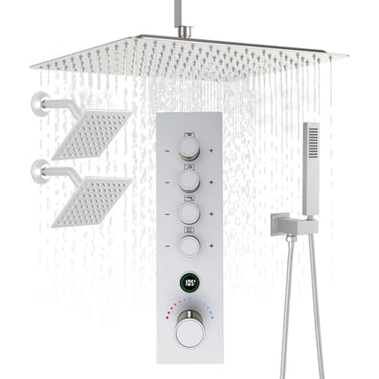 Thermostatic Digital Triple Heads Rain Shower System Can Run Together | 4-Function Full Body Shower Faucets Set with 12" + Two 6" Tilted Showerhead and Brass Handheld, Brushed Nickel - color: Brushed Nickel, style: 12” + 6" + 6"