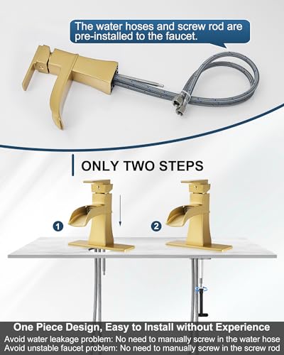Brass Waterfall Faucet, Brushed Gold Bathroom Faucet, Single Handle for One Hole or 3 Holes 4 Inch with Pop-Up Drain, Pre-Installed Supply Hoses and Deck Plate for Vanity RV Farmhouse Modern - color: Brushed Gold