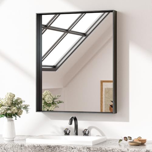 Keonjinn 24x30 Inch Matte Black Bathroom Mirror for Over Sink, Rectangular | HD Tempered Glass, Vanity Mirror, Brushed Framed, Square Corner, Modern Farmhouse, Wall Mounted Mirrors, Aluminum Alloy - color: Black, size: 30"L x 24"W