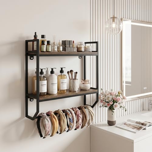 Giantex Bathroom Shelf with Towel Bar, Industrial Wood Wall Mounted Shelves | 2-Tier Over the Toilet Storage Organizer, Metal Floating Shelf with Towel Holder for Bathroom, Kitchen, Living Room, Gray Oak - color: Gray Oak