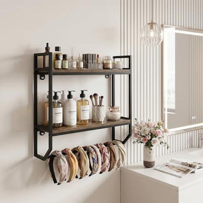 Giantex Bathroom Shelf with Towel Bar, Industrial Wood Wall Mounted Shelves | 2-Tier Over the Toilet Storage Organizer, Metal Floating Shelf with Towel Holder for Bathroom, Kitchen, Living Room, Gray Oak - color: Gray Oak
