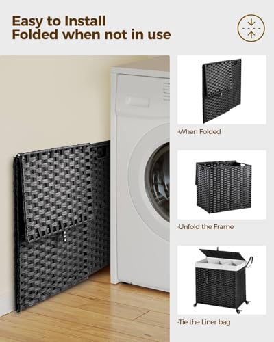 Greenstell Laundry Hamper with Wheels&Lid, 130L Large 3 Sections Clothes Hamper with 2 Types Removable Liner Bags, 5 Mesh Laundry Bags, Handwoven Divided Laundry Basket Black