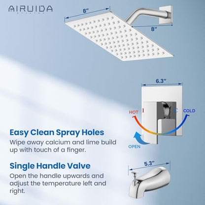 Airuida 8 Inch Shower Faucet Set,Bathtub Faucet Kit,8 Inch-Chrome Polish | Shower Tub Faucet Set,Male Threads Rough-In Valve,Square Head Shower System - color: Chrome, size: 8 Inch
