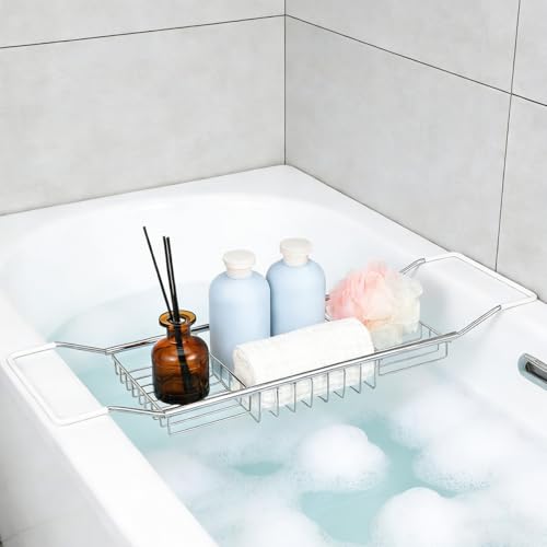 Luxshiny Bath Tub Tray Extendable Bathtub Rack with Anti-Slip Design Adjustable Bathroom Holder for Books Phone Magazine and Wine Glasses Space-Saving Storage for Relaxing Baths - color: Silver