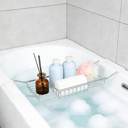 Luxshiny Bath Tub Tray Extendable Bathtub Rack with Anti-Slip Design Adjustable Bathroom Holder for Books Phone Magazine and Wine Glasses Space-Saving Storage for Relaxing Baths - color: Silver