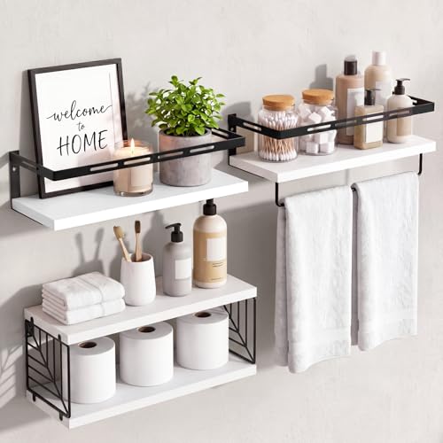 Fixwal Wall Mounted Bathroom Shelves Over Toilet (3+1 White) | Wall Shelf with Basket Storage , Towel Bar, Solid Wood, 22Lb Capacity, Easy DIY Install - color: 4-white