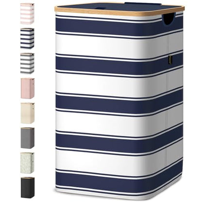 BALEINE Laundry Hamper with Lid, Tall Laundry Baskets with Bamboo Pull Handles, Large Laundry Bin with Internal Support (18 Gal/70L, Blue Stripe) - color: Blue Stripe, size: 70 liters