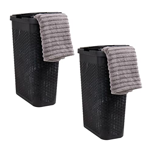 Mind Reader Slim Laundry Hamper with Lid, 40L Clothes Basket, Narrow Tapered Design with Ventilated Cutout Pattern, Plastic, Set of 2, Black - color: Black, size: Set of 2