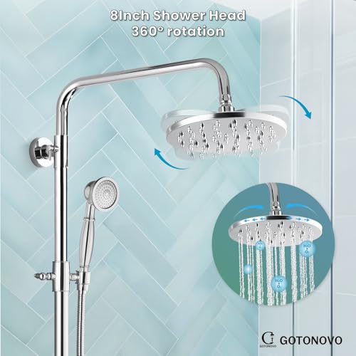 gotonovo Exposed Shower Tub Faucet Set 3 Function Wall Mount,Polish Chrome | Shower System Fixtures with Tub Spout,8” Rain Head and Handheld,360°Rotation,Adjustable Height,for 5-6.7" Hole,Outdoor/Indoor - color: Chrome