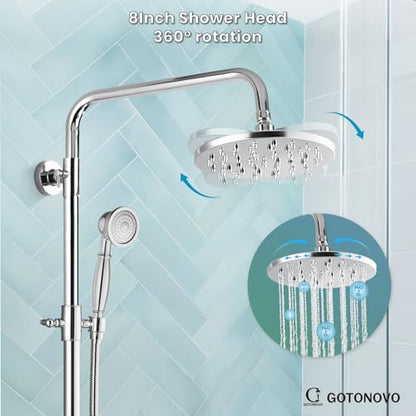 gotonovo Exposed Shower Tub Faucet Set 3 Function Wall Mount,Polish Chrome | Shower System Fixtures with Tub Spout,8” Rain Head and Handheld,360°Rotation,Adjustable Height,for 5-6.7" Hole,Outdoor/Indoor - color: Chrome