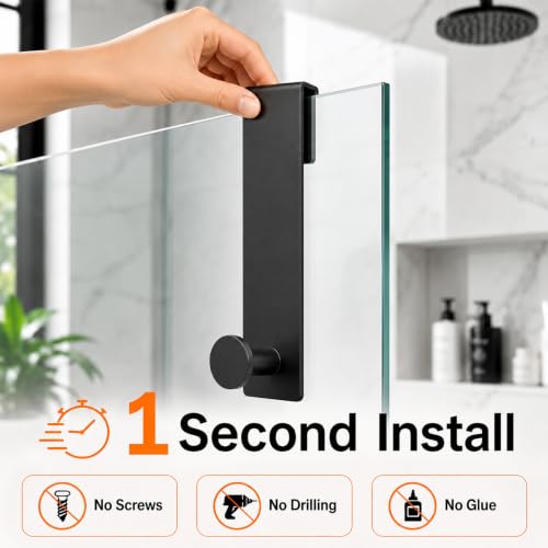 Over Glass Shower Towel Hooks, Shower Door Hooks, Black, 2 Pack | 7.5 inch Length, Stainless Steel, Heavy Duty, Easy Installation, Soft Padding, Shower Towel Hooks For Glass Shower Door