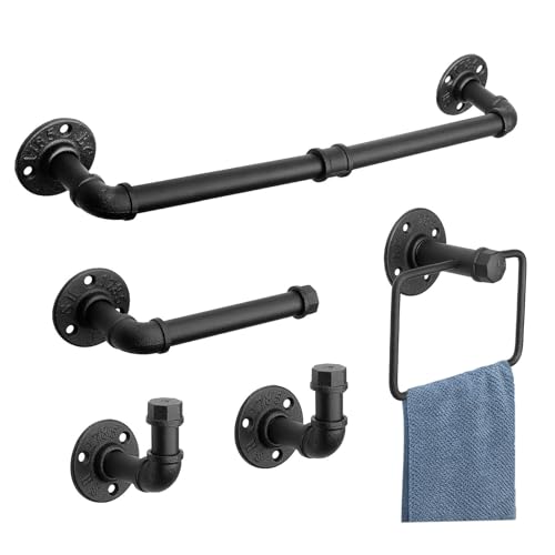 5-Pieces Industrial Pipe Bathroom Accessories Hardware Kit DIY Wall Mounted Includes Towel Bar Robe Hooks Toilet Paper Holder and Towel Ring (Black, 18 Inch)