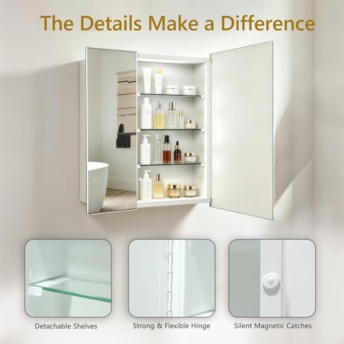 Bathroom Medicine Cabinet with 30x26 in Rectangular Beveled Frameless Mirror,Double Door Wall Mounted Mirror Cabinet for Bathroom Toilet Kitchen,Recess or Surface Mount - size: FMG-CM7005-3026