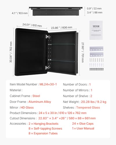 VEVOR Medicine Cabinet, 24 x 30 inch, Medicine Cabinet for Bathroom with Mirror, Aluminum Frame Bathroom Wall Cabinet, 2-Layer Adjustable Shelves, Recessed & Wall-Mounted Installation - size: 24x30in