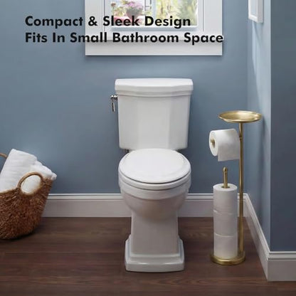Freestanding Toilet Paper Holder with Shelf, Gold Toilet Paper Stand with Storage Tray and Space for 4 Extra Rolls - color: Gold