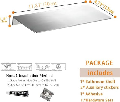 11.81 Inch Stainless Steel Floating Shelf Organiser Wall Mounted Bathroom Shelf Shower Caddy Sliver Chrome Finish Simple Style Kitchen Shelf - color: Sliver Chrome, size: 11.81 Inch