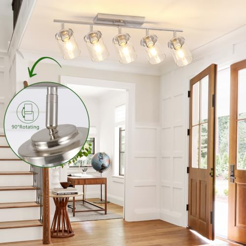 FadimiKoo 5-Lights Brushed Nickel Track Ceiling Light Fixtures, Modern Close to Ceiling Light with Clear Glass Shade, Large Hallway Lighting Fixtures for Dining Room Kitchen Living Room - color: Brushed Nickel, size: 5-Lights