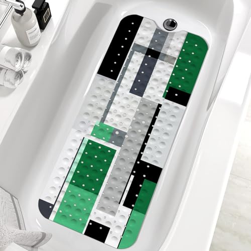 Green Black Bath Tub Mat Non Slip, Modern Geometric Large Washable Shower Mats with Drain Holes and Suction Cups,40 X 16 Inch - color: Green Black