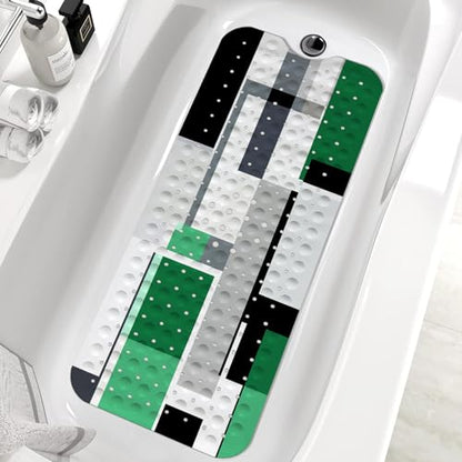 Green Black Bath Tub Mat Non Slip, Modern Geometric Large Washable Shower Mats with Drain Holes and Suction Cups,40 X 16 Inch - color: Green Black