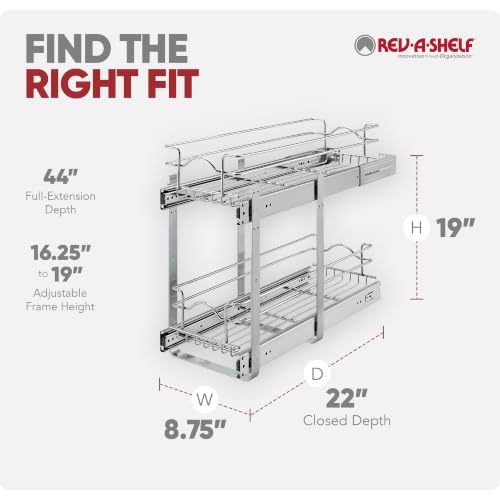 Rev-A-Shelf 2-Tier Pullout Shelf and Drawer Organizer for Kitchen Cabinets, Slide Out Storage Basket, Min Opening Width of 8.5", 9" x 22", 5WB2-0922CR-1 - size: 9" W x 22"D, style: Two Tier