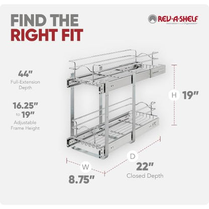 Rev-A-Shelf 2-Tier Pullout Shelf and Drawer Organizer for Kitchen Cabinets, Slide Out Storage Basket, Min Opening Width of 8.5", 9" x 22", 5WB2-0922CR-1 - size: 9" W x 22"D, style: Two Tier
