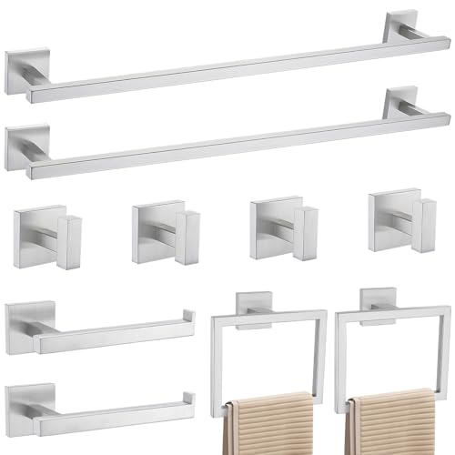 YACVCL Towel Bar Set, 10 Pieces Bathroom Hardware Set Brushed Nickel Bathroom Accessories, SUS304 Stainless Steel Towel Racks Holder Set Wall Mounted 23.6 Inch - color: Brushed Nickel, size: 10 Pieces