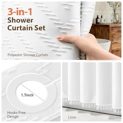 White Hook Free Chevron Shower Curtain & Fabric Liner,72x75 | Less Time to install, 3 in 1 Fabric Shower Curtain and Liner Set with Magnets, Mesh Top Window, Shower Curtains for Bathroom - color: A White, size: 72"W x 75"L (Pack of 1)