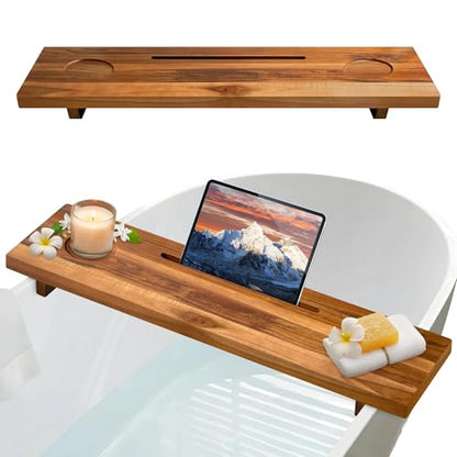 Bathtub Tray for Standard Tubs – 29" Adjustable Teak Wood Bath Caddy | Anti-Tip, Non-Toxic, Waterproof, Sustainable Bath Tray Organizer for Relaxing Spa & Home Use