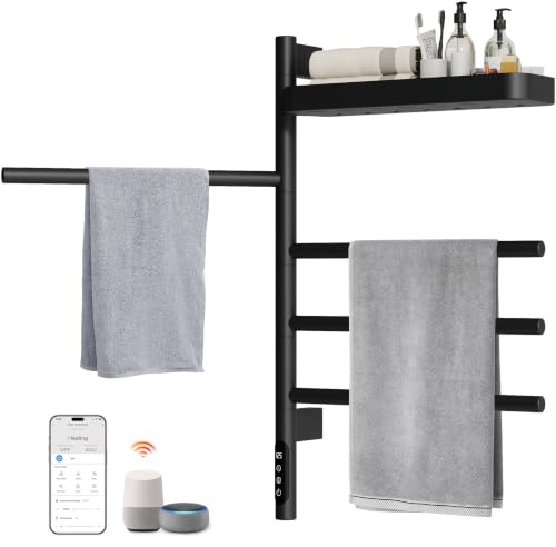 Smart Rotating Heated Towel Rack, 4-Bar, Matte Black | Wall-Mounted Electric Towel Warmer, Swivel Shelf, Wi-Fi App Control, 24H Timer, Stainless Steel - color: Black 17.72"x26.77"