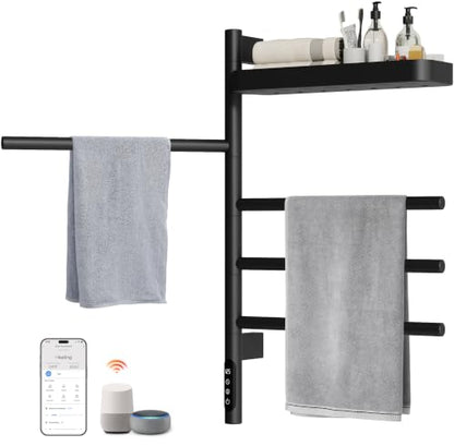 Smart Rotating Heated Towel Rack, 4-Bar, Matte Black | Wall-Mounted Electric Towel Warmer, Swivel Shelf, Wi-Fi App Control, 24H Timer, Stainless Steel - color: Black 17.72"x26.77"