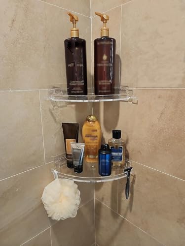 JiePai Adhesive Acrylic Corner Shower Caddy 2 Pack, Rustproof Bath Shelf | Thick clear acrylic, rustproof & mildew resistant. No-drill adhesive mount for corner. For shower, kitchen or bathroom
