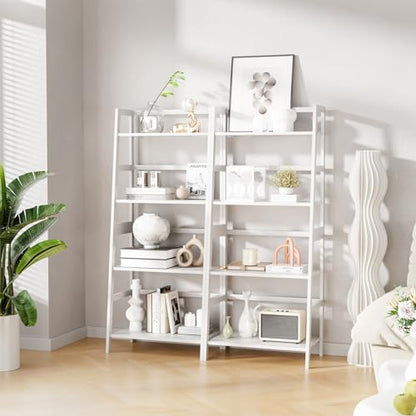 HITNET Ladder Shelf, 4 Tier Bookshelf, Floor Standing Bathroom Storage Rack with Bamboo Frame, Home Office Open Display Bookcase, White - color: White