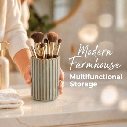 Green Ceramic Toothbrush Holder Cup | Striped Modern Farmhouse Bathroom Organizer Toothpaste Cup & Makeup Brush Tumbler - color: Green