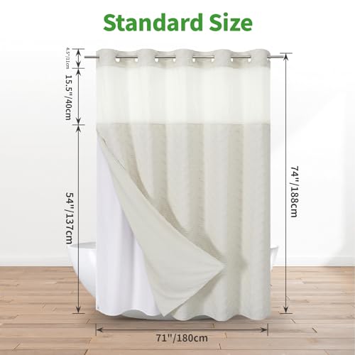 eachope No Hook Tufted Chevron Striped Shower Curtain with Snap-in Fabric Liner set-71Wx74H(72H),Cream Hotel Grade Boho Style Shower Curtain with See Through Top Window,Water Repellent - color: Cream, size: 71"W x 74"L (Pack of 1)