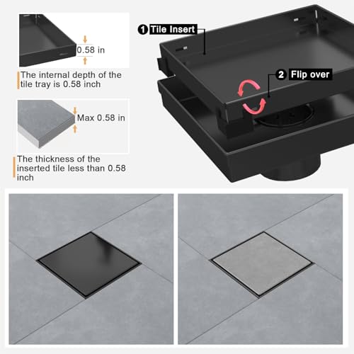 Linear Shower Drain - 6 Inch Matte Black, with Tile Insert Panels | AISI 304 Stainless Steel Shower Drain with Adjustable Feet, Hair Catcher, Rectangle Shower Floor Drain Fits Bathroom, Balcony - color: Matte Black, size: 6 Inch