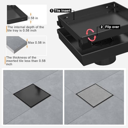 Linear Shower Drain - 6 Inch Matte Black, with Tile Insert Panels | AISI 304 Stainless Steel Shower Drain with Adjustable Feet, Hair Catcher, Rectangle Shower Floor Drain Fits Bathroom, Balcony - color: Matte Black, size: 6 Inch