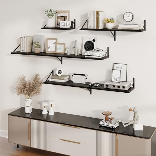 20 Inch Floating Shelves, 10 Inch Deep Black Wall Shelves Set of 2 | 20'' x 10'' Rustic Wood Shelves with Heavy Duty Brackets, Deep Shelves for Bathroom, Living Room, Engineered Wood, 35LBS - color: Black, size: 20W x 10D
