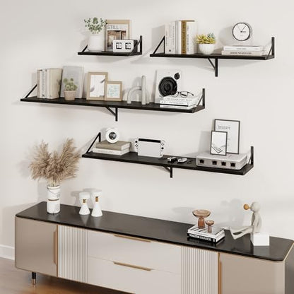 20 Inch Floating Shelves, 10 Inch Deep Black Wall Shelves Set of 2 | 20'' x 10'' Rustic Wood Shelves with Heavy Duty Brackets, Deep Shelves for Bathroom, Living Room, Engineered Wood, 35LBS - color: Black, size: 20W x 10D