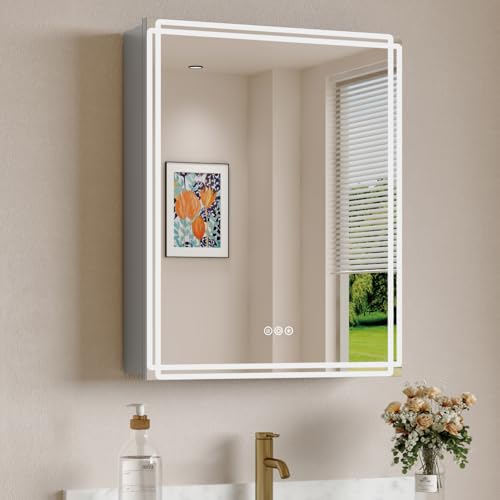 Buruis 16 x 24 Inch Medicine Cabinet with Lights, Recessed or Wall Mounted | Fully Assembled, 3-Color LED Lighting, Anti-Fog Mirror, Dimmable, Memory Function, Adjustable Shelves, Built-In Outlet & USB - size: 16 x 24 inch